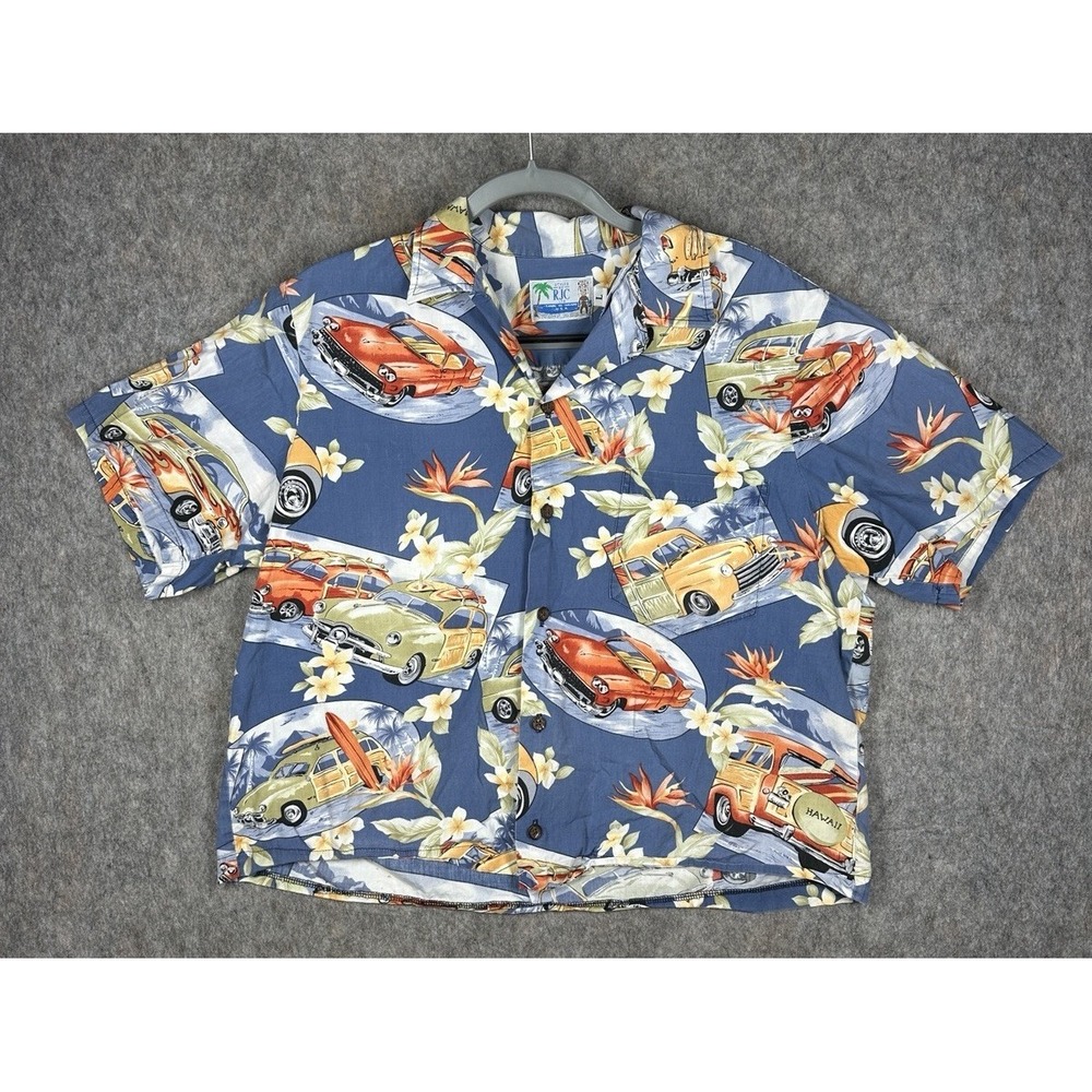 Vintage‎ RJC Hawaii Aloha Shirt Car Print Made in USA Boxy Fit Mens L